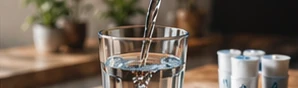 Ilustración editorial de un vaso de agua junto a utensilios de café