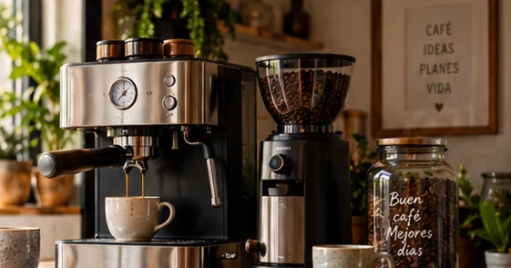 Ilustración editorial de un rincón de café con cafetera y molinillo